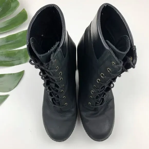 Timberland Glancy Ankle Boots Heeled Black Leather Lace Up Women's 8 - Picture 2 of 12